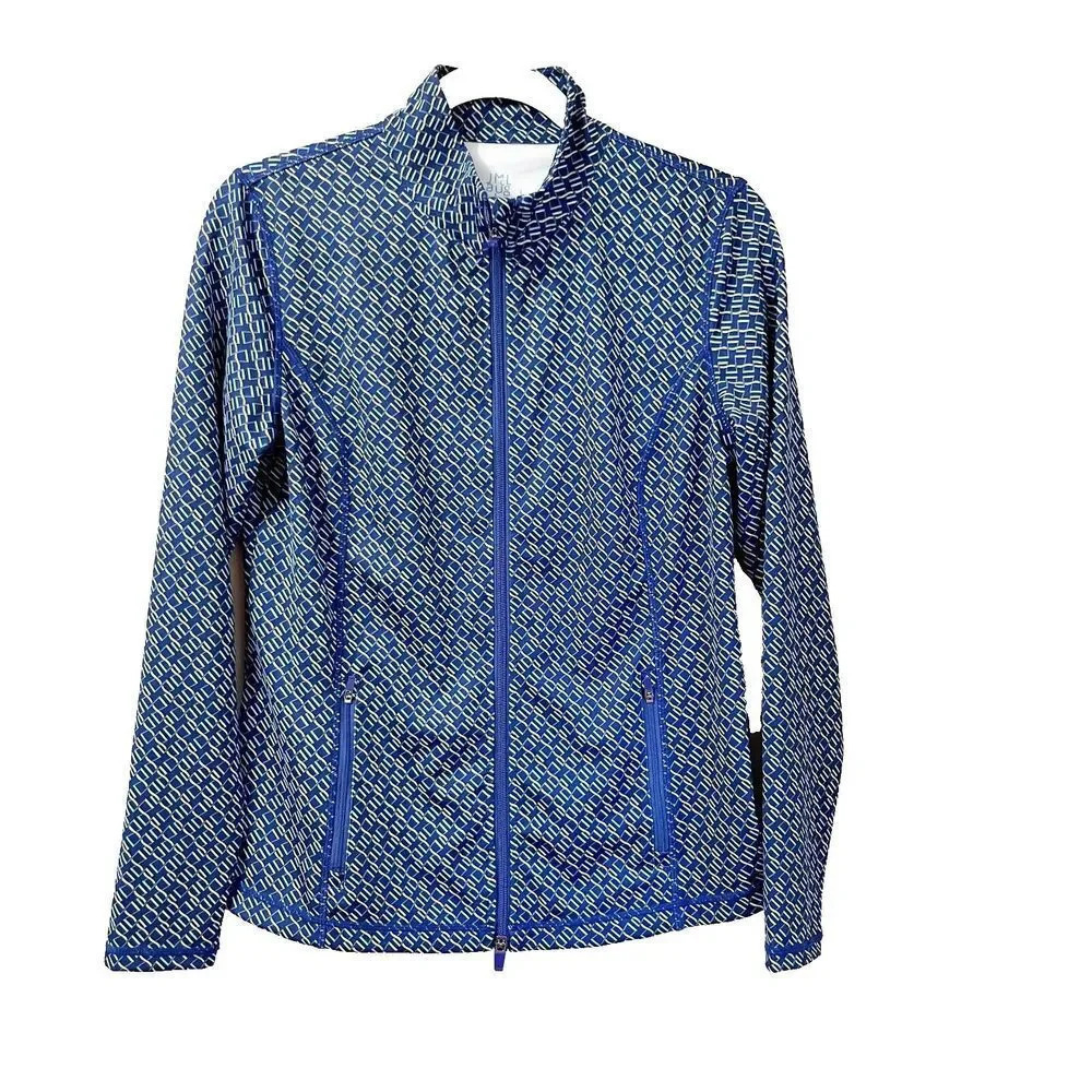 J McLaughlin Womens Blue Activewear Jacket Large Full Zip Windbreaker Geometric